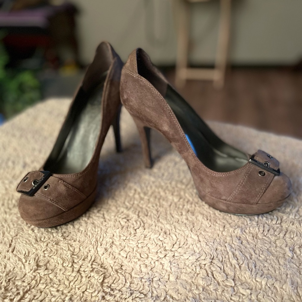 Guess brown suede leather with buckle detail heels